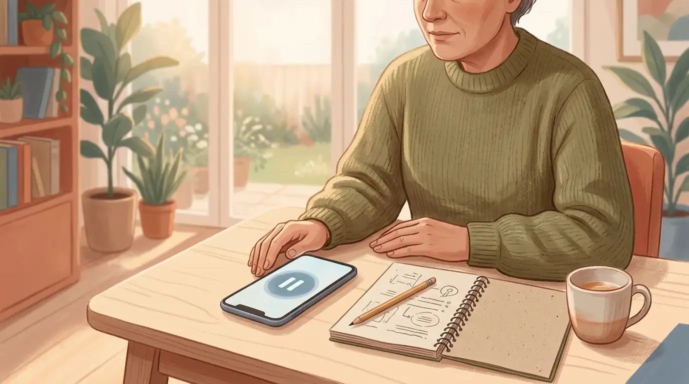 Rolig hjælpescene med telefon, notesbog og ansvarlige spilvalg