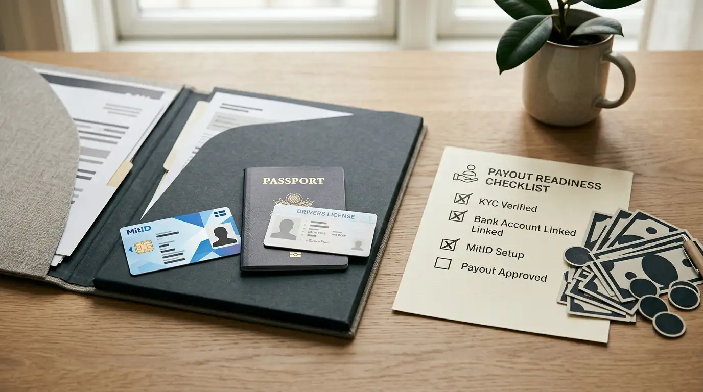 Dokumenter, MitID og udbetalingsklar tjekliste på et skrivebord